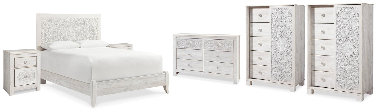 Paxberry Panel Bed, Dresser, 2 Chests and 2 Nightstands - Whitewash (B181-SI)