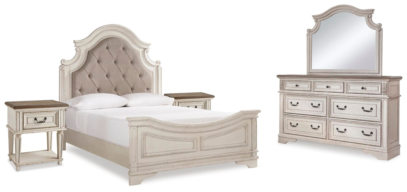 Realyn Upholstered Panel Bed, Dresser, Mirror and 2 Nightstands - Two-tone (B743-SI)