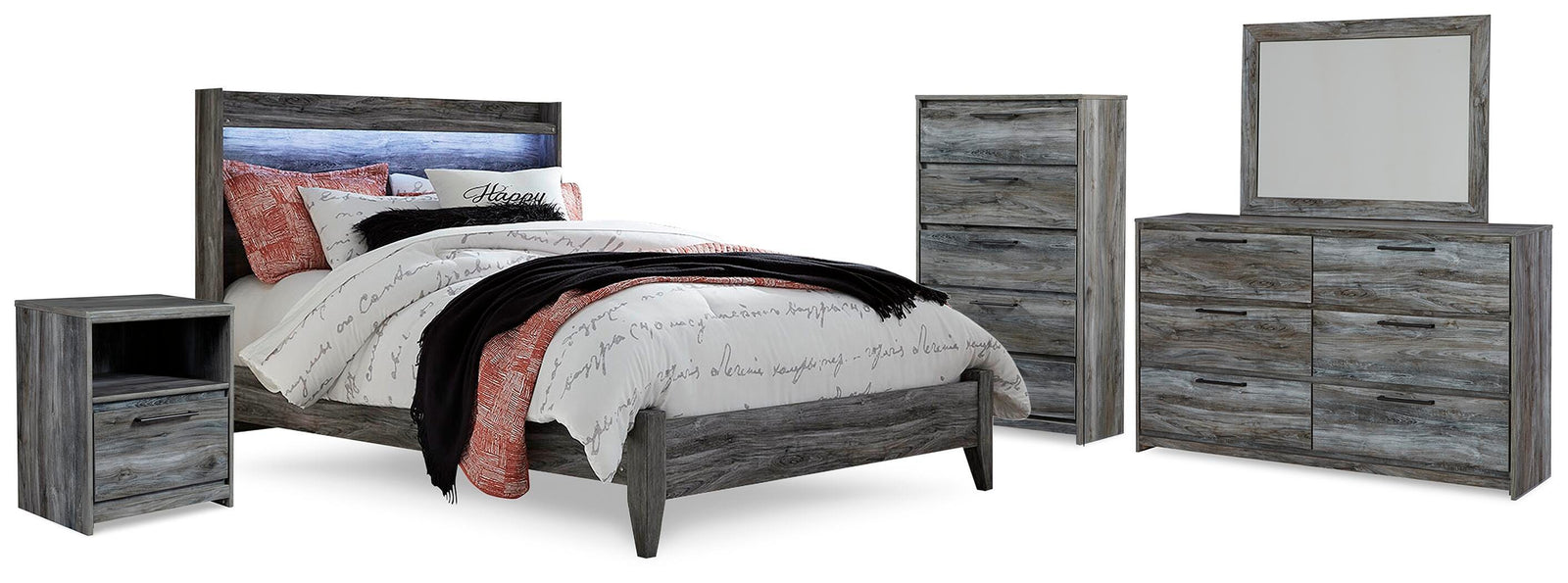 Baystorm Panel Bed, Dresser, Mirror, Chest and Nightstand - Gray (B221-SI)