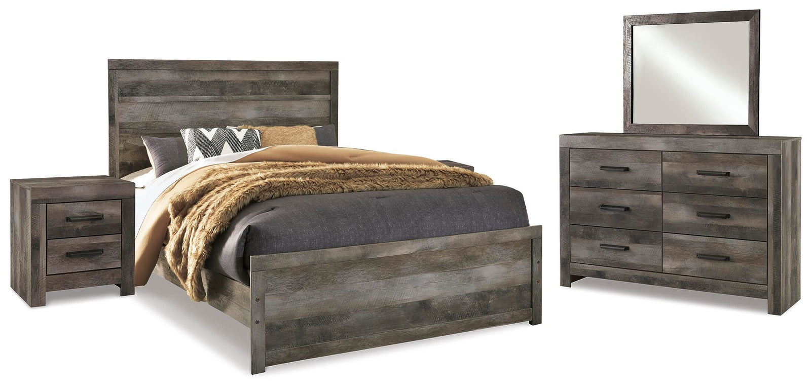 Wynnlow Panel Bed, Dresser, Mirror and 2 Nightstands - Gray (B440-SI)