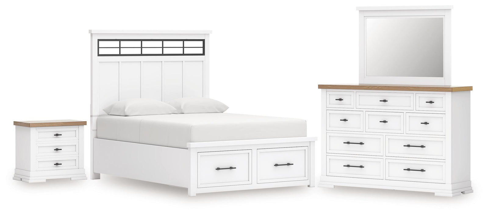 Ashbryn Panel Storage Bed, Dresser, Mirror and Nightstand - White/Natural (B844-SI)