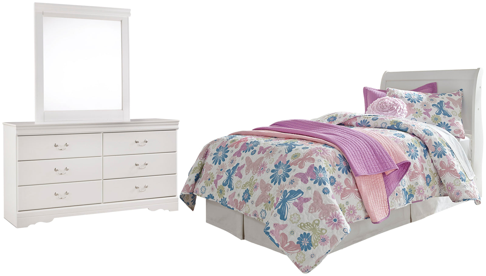 Anarasia Sleigh Headboard, Dresser and Mirror - White (B129-SI)