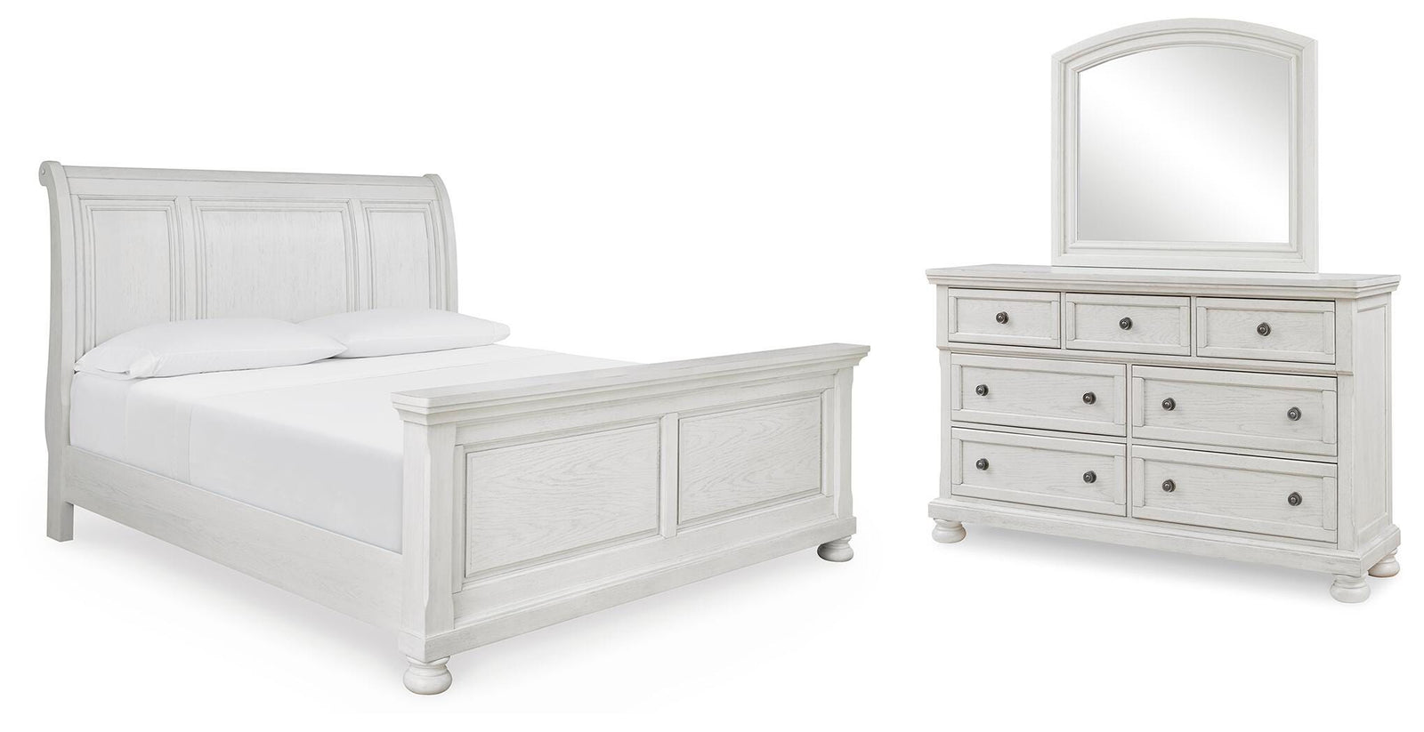 Robbinsdale Sleigh Bed, Dresser and Mirror - Antique White (B742-SI)