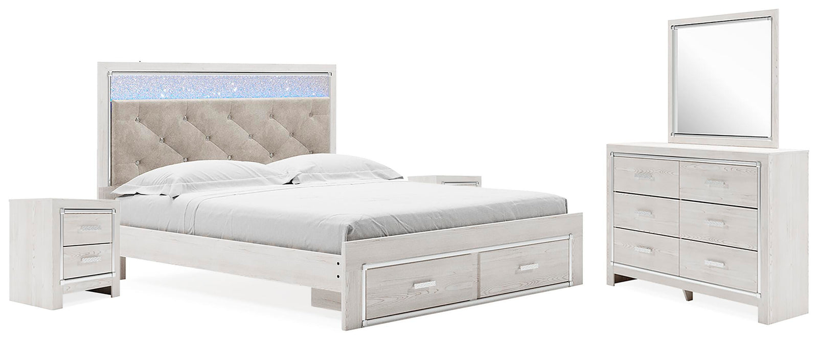 Altyra Upholstered Storage Bed, Dresser, Mirror and 2 Nightstands - White (B2640-SI)