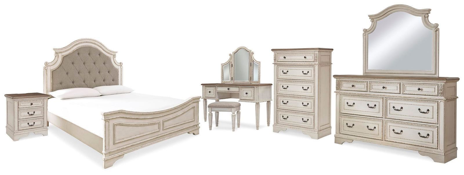 Realyn Panel Bed, Dresser, Mirror, Chest, Vanity and Nightstand - Two-tone (B743-SI)