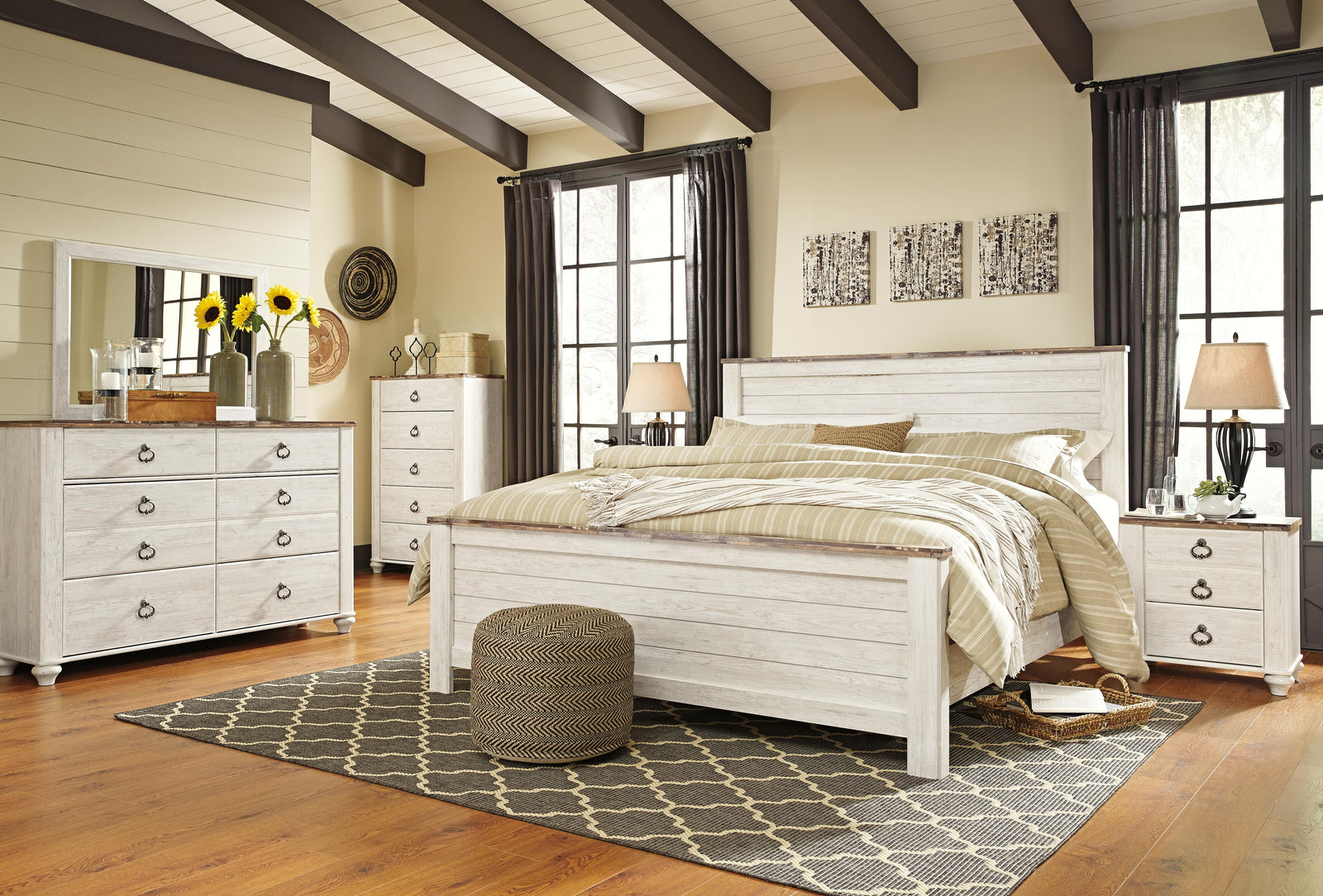 Willowton Panel Bed, Dresser, Mirror, Chest and 2 Nightstands - Whitewash (B267-SI) - Image 6