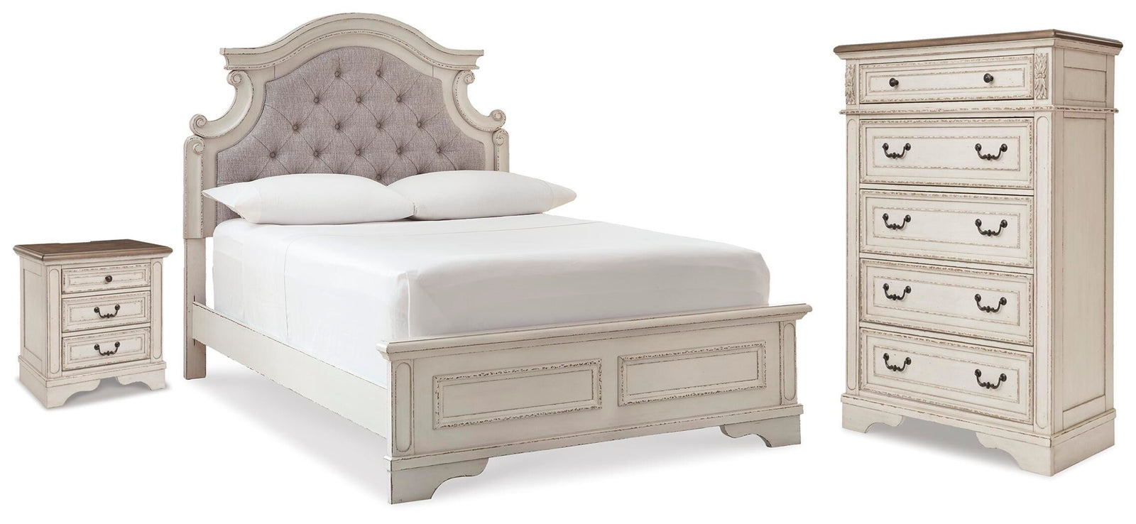 Realyn Upholstered Panel Bed, Chest and Nightstand (B743-SI)