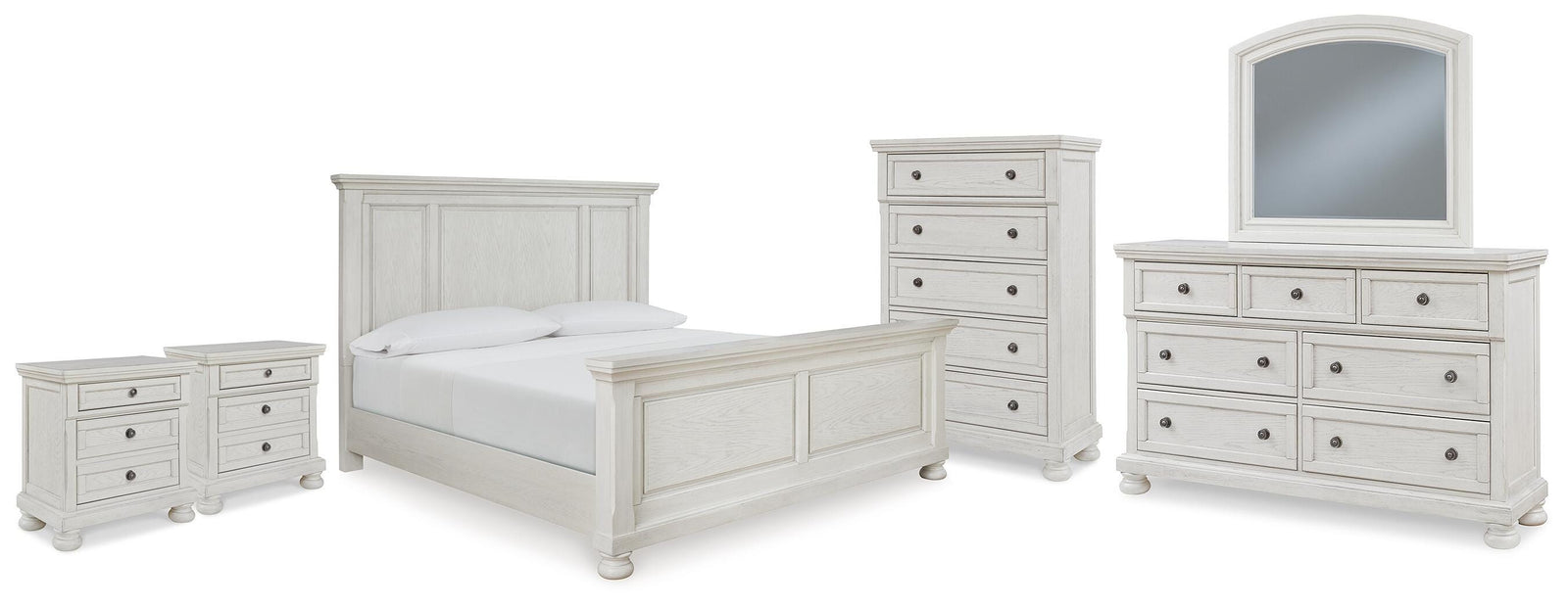 Robbinsdale Panel Bed, Dresser, Mirror, Chest and 2 Nightstands - Antique White (B742-SI)