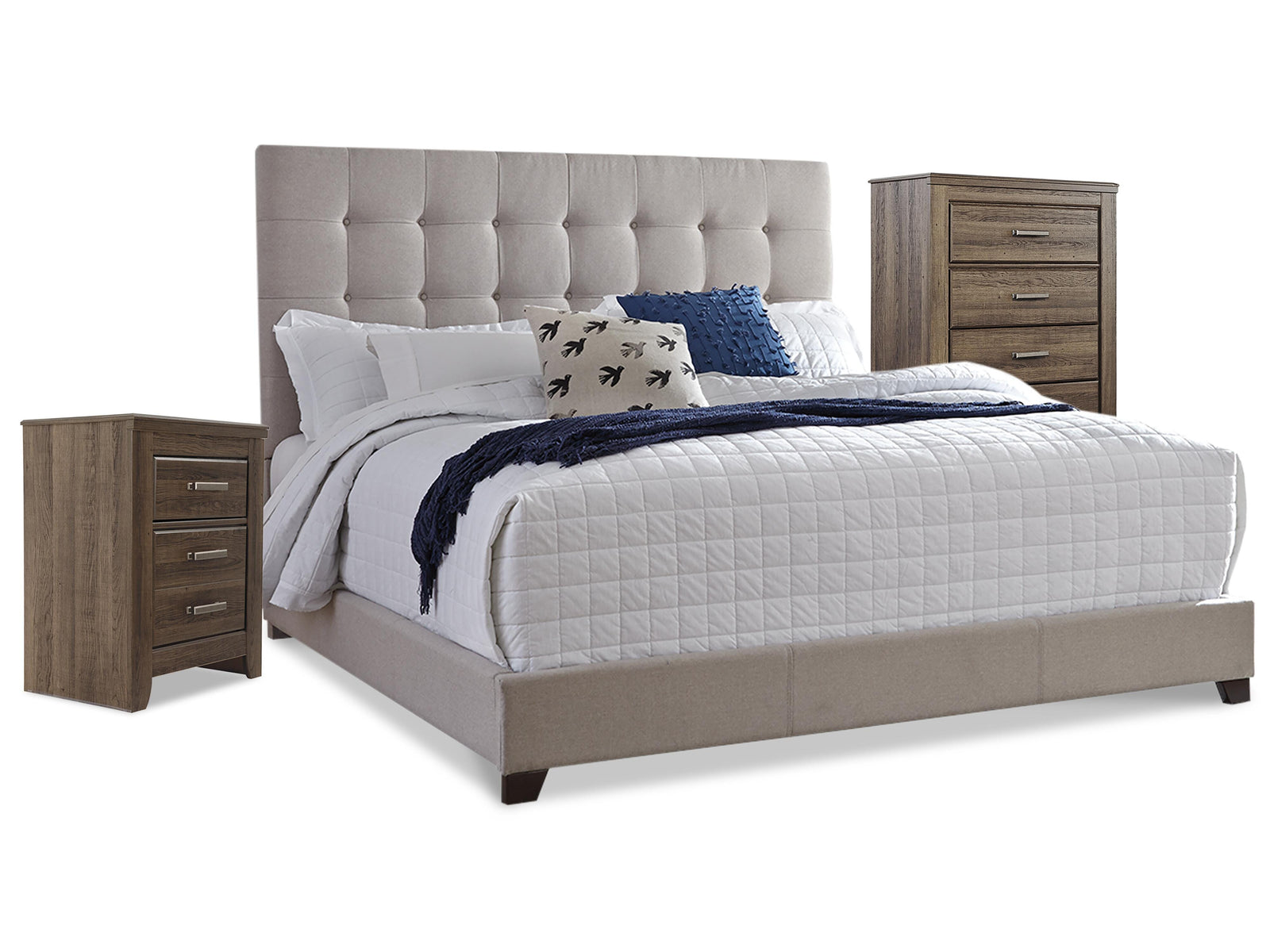Dolante Upholstered Bed with Chest of Drawers and Nightstand - Beige (B130-SI)