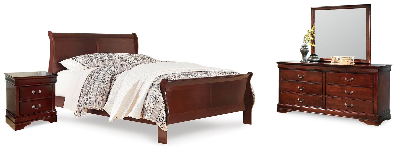 Alisdair Sleigh Bed, Dresser, Mirror and Nightstand - Reddish Brown (B376-SI)