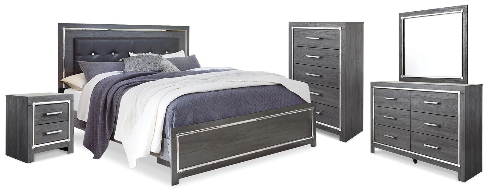 Lodanna Upholstered Panel Bed, Dresser, Mirror, Chest and Nightstand - Gray (B214-SI)