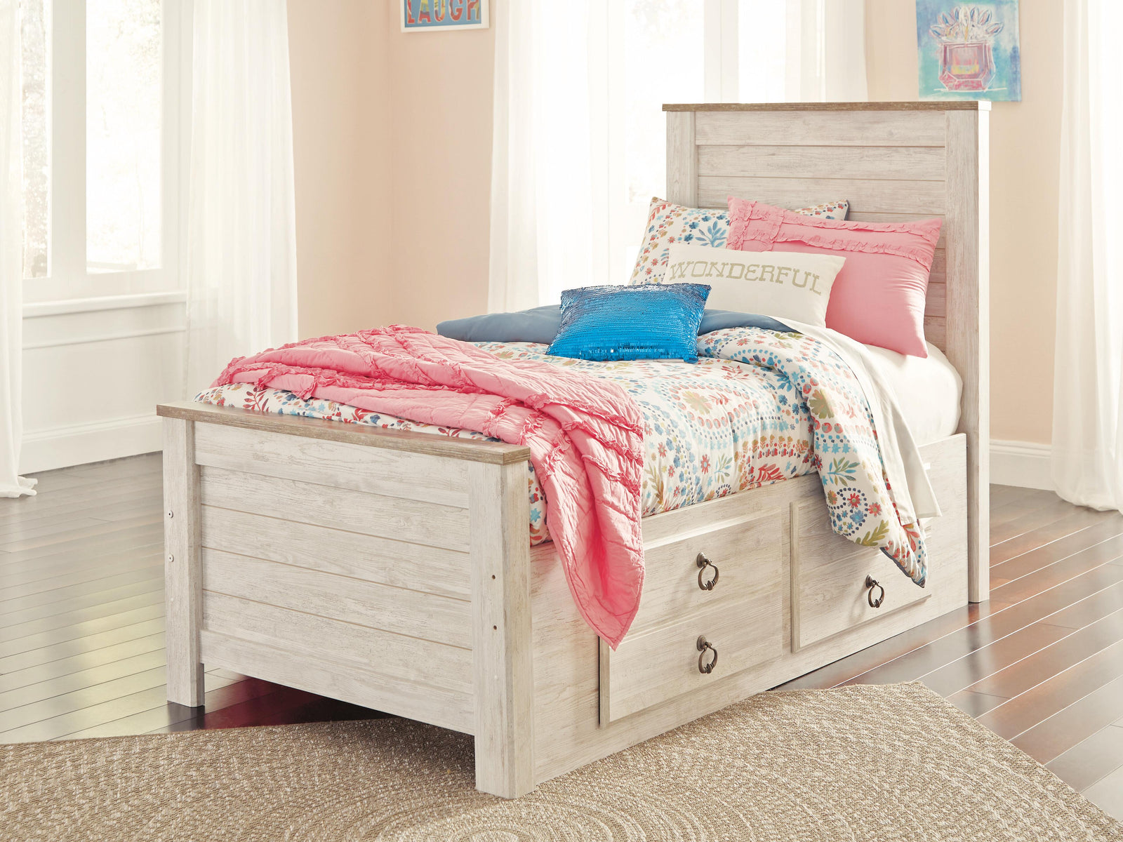 Willowton Panel Bed with 2 Storage Drawers (Youth) - Whitewash (B267-SI) - Image 2