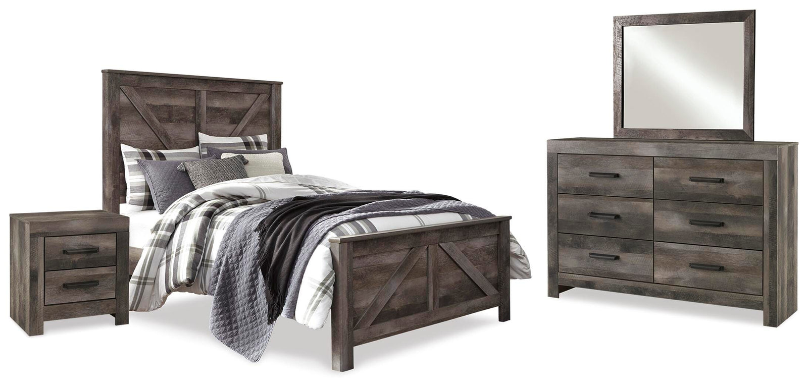 Wynnlow Crossbuck Panel Bed, Dresser, Mirror, and Nightstand - Gray (B440-SI)