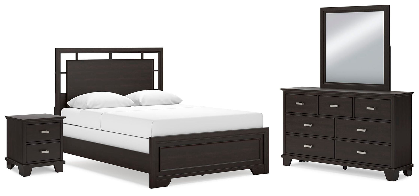 Covetown Panel Bed, Dresser, Mirror and Nightstand - Dark Brown (B441-SI)