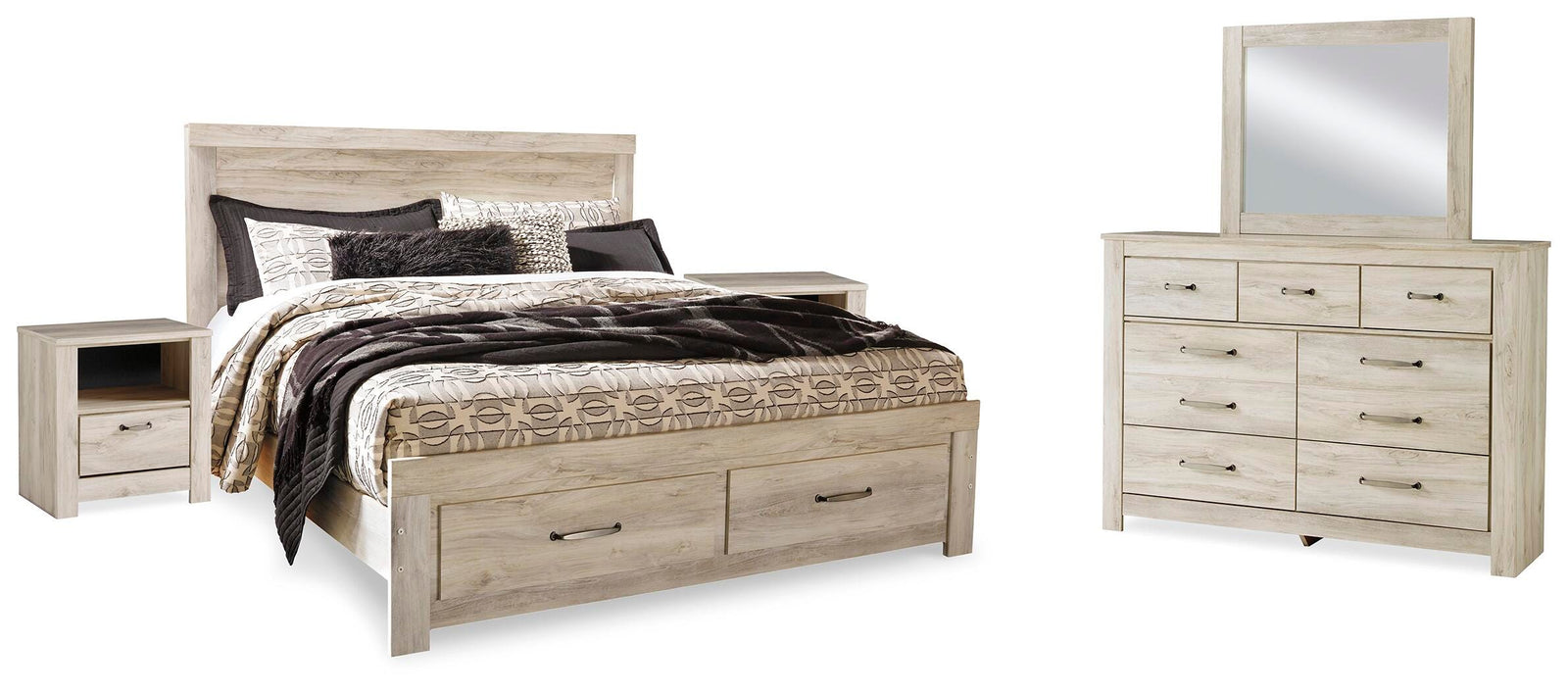 Bellaby Panel Storage Bed, Dresser, Mirror and 2 Nightstands - Whitewash (B331-SI)