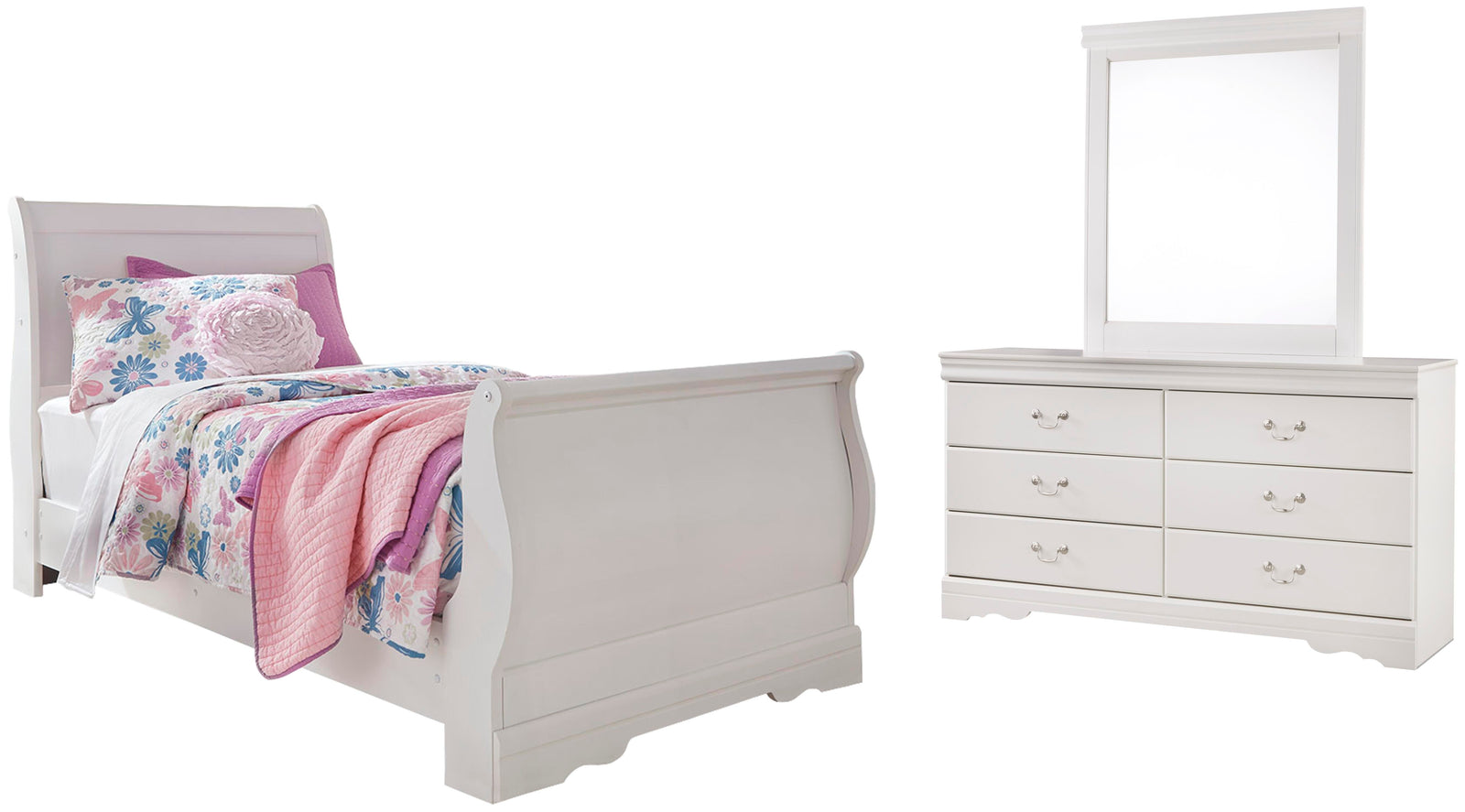 Anarasia Sleigh Bed, Dresser and Mirror - White (B129-SI)