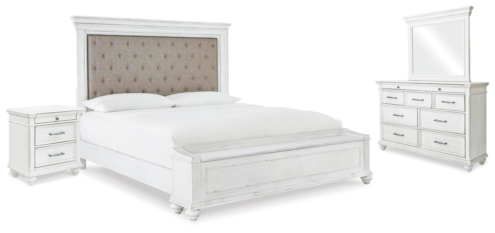 Kanwyn Upholstered Storage Bed, Dresser, Mirror and Nightstand - Whitewash (B777-SI)
