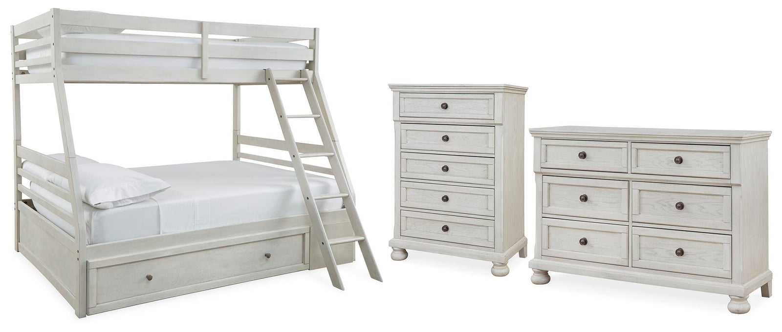 Robbinsdale Twin over Full Bunk Bed, Dresser and Chest - Antique White (B742-SI)