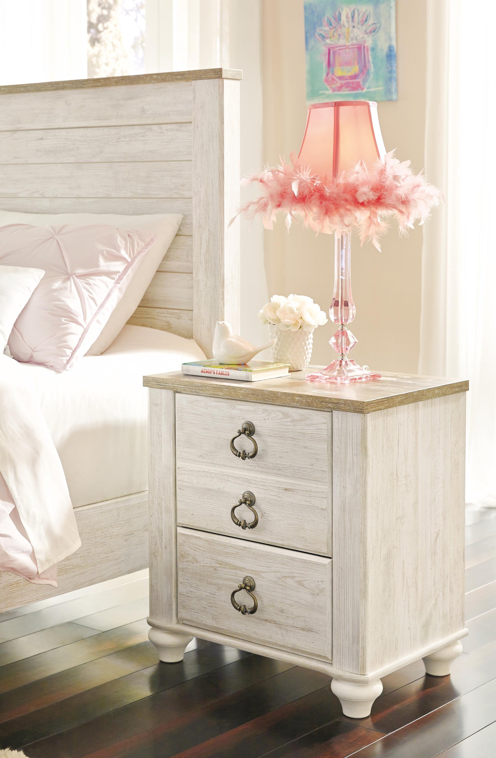 Willowton Sleigh Bed, Dresser, Mirror, Chest and 2 Nightstands - Whitewash (B267-SI) - Image 6