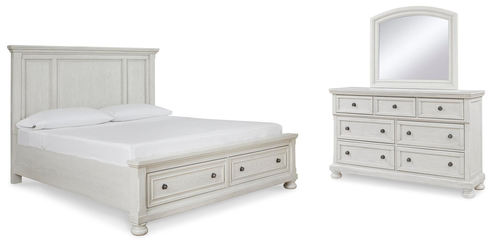 Robbinsdale Panel Storage Bed, Dresser and Mirror - Antique White (B742-SI)