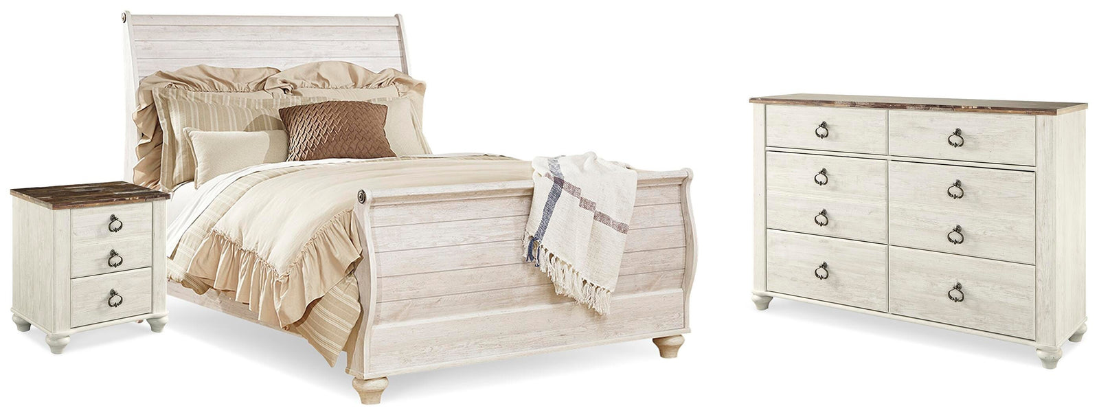 Willowton Sleigh Bed, Dresser and Nightstand - Whitewash (B267-SI)