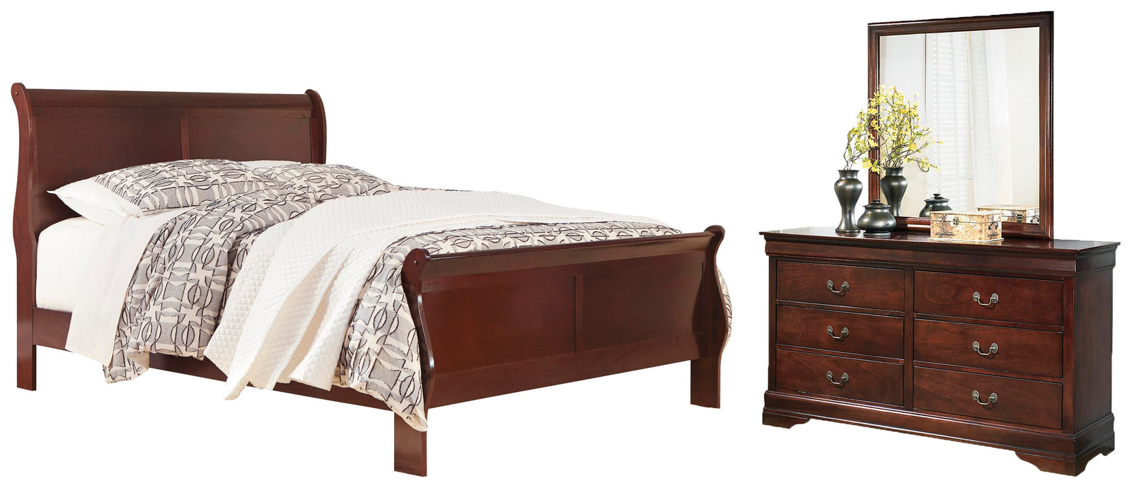 Alisdair Sleigh Bed, Dresser and Mirror - Reddish Brown (B376-SI)