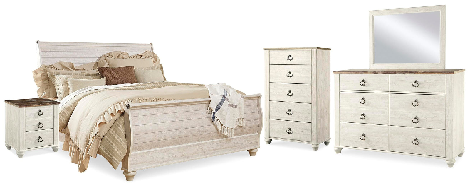 Willowton Sleigh Bed, Dresser, Mirror, Chest and 2 Nightstands - Whitewash (B267-SI)