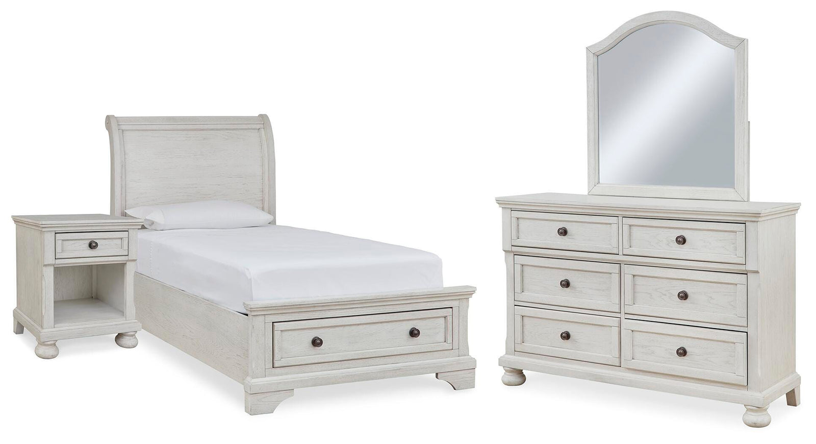 Robbinsdale Storage Bed, Dresser, Mirror and Nightstand - Antique White (B742-SI)