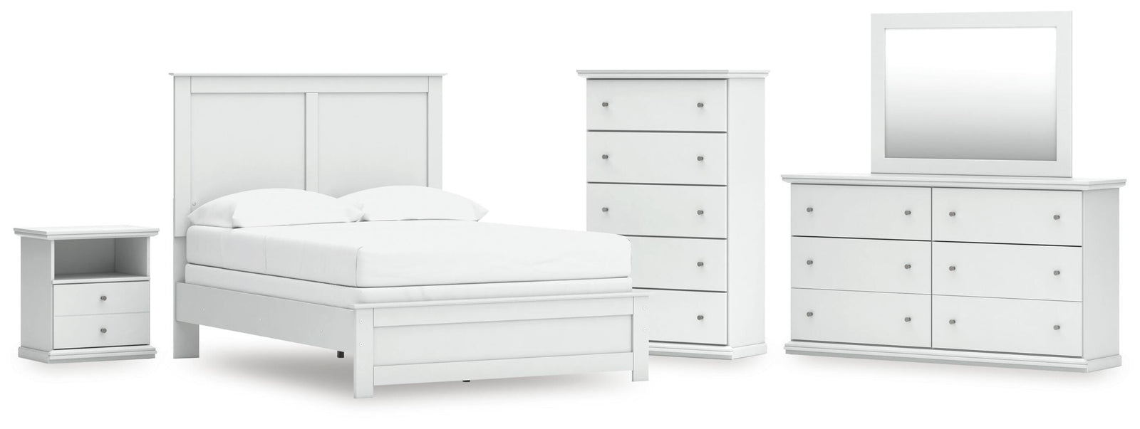 Bostwick Shoals Panel Bed, Dresser, Mirror, Chest, and Nightstand - White (B139-SI)