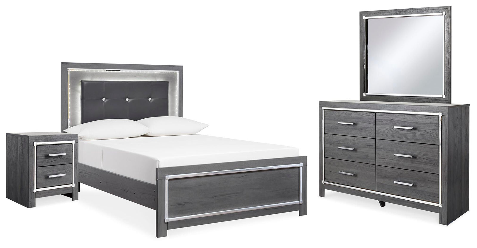Lodanna Upholstered Panel Bed, Dresser, Mirror, and Nightstand - Gray (B214-SI)