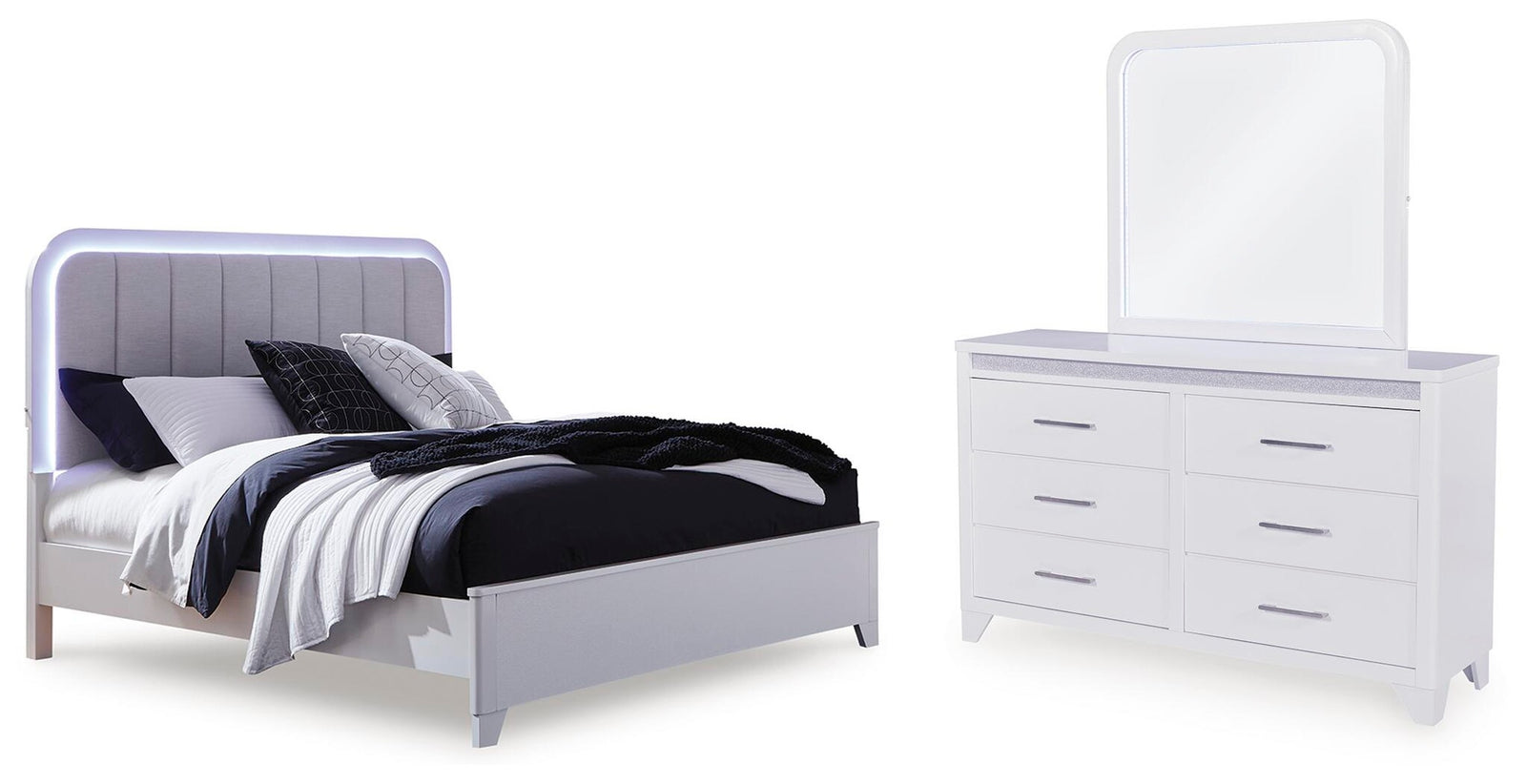 Jarlee Queen Upholstered Panel Bed, Dresser and Mirror (PCB392-SI)