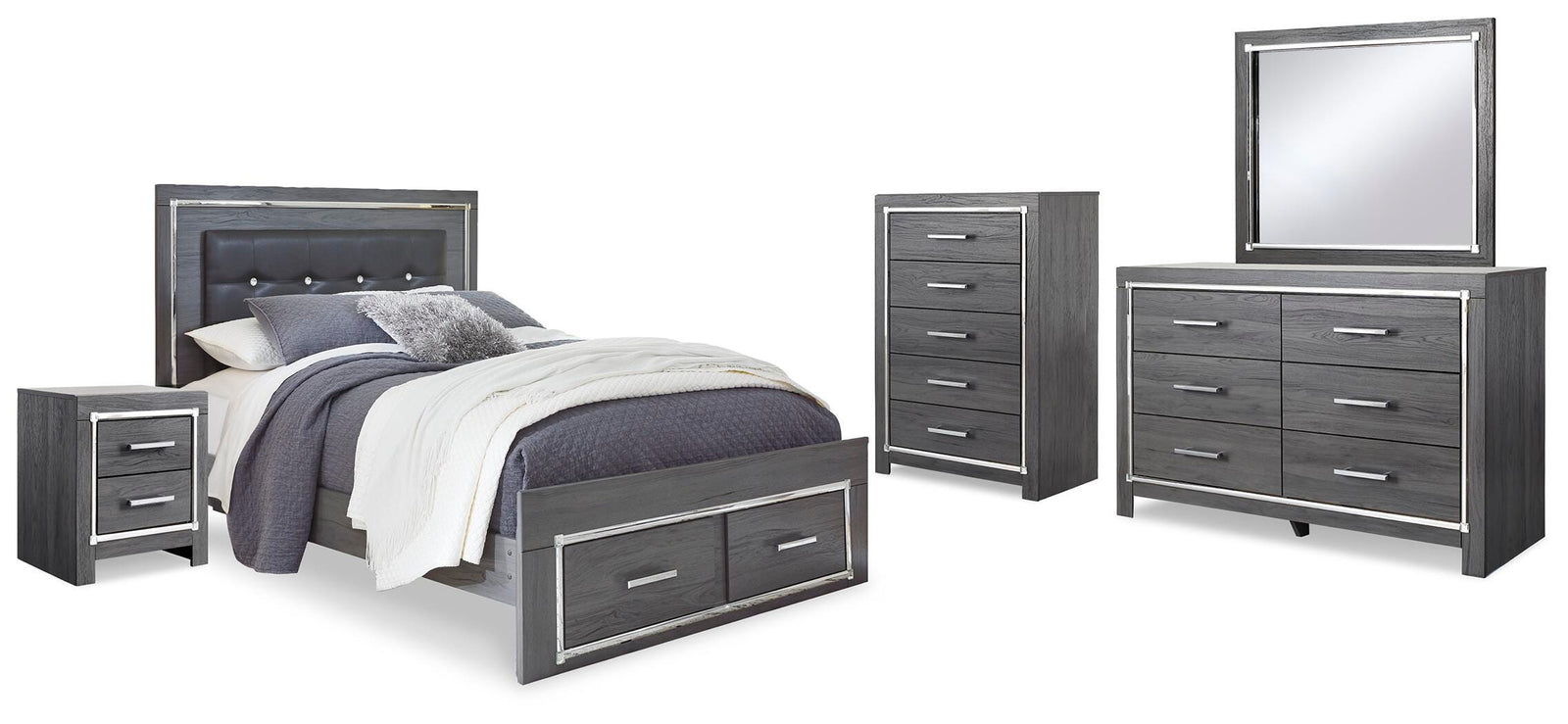 Lodanna Panel Storage Bed, Dresser, Mirror, Chest and Nightstand - Gray (B214-SI)