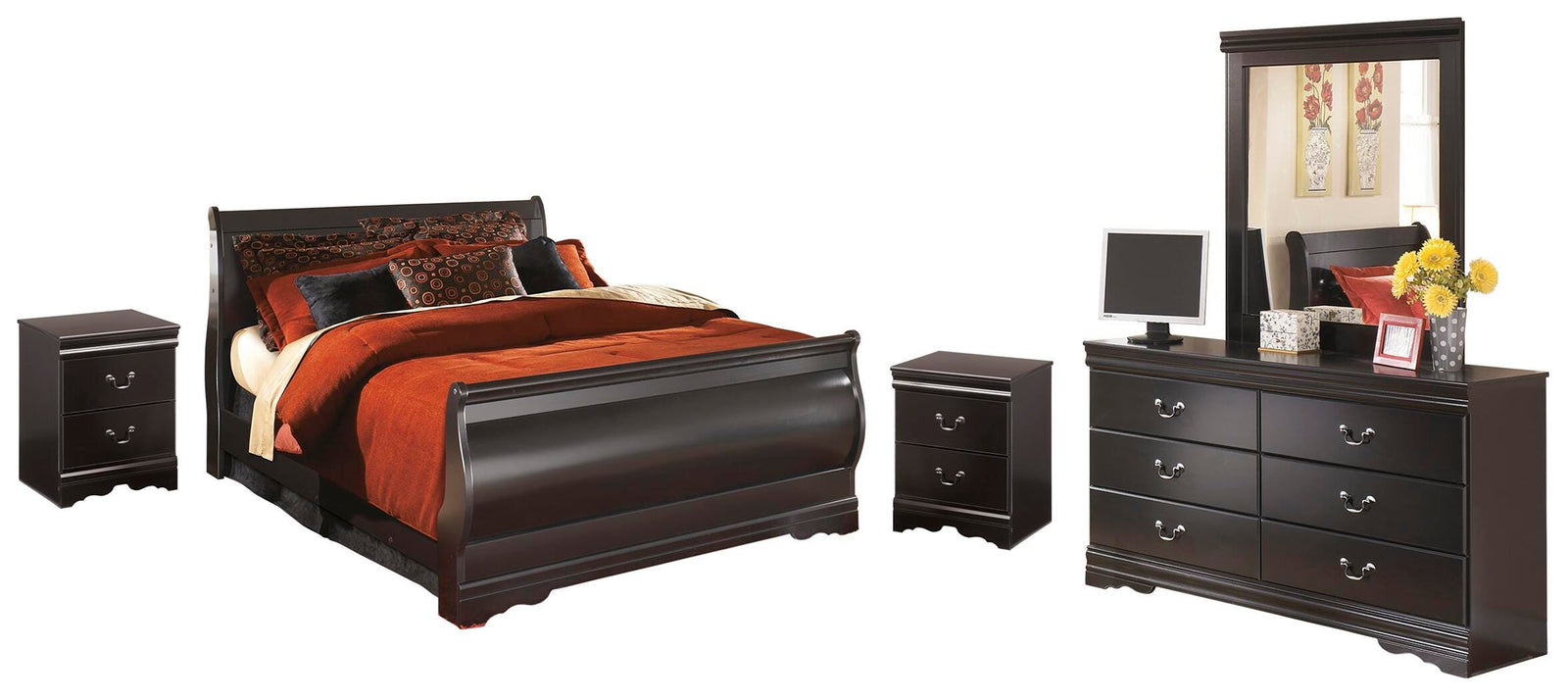 Huey Vineyard Sleigh Bed with Mirrored Dresser and 2 Nightstands - Black (B128-SI)