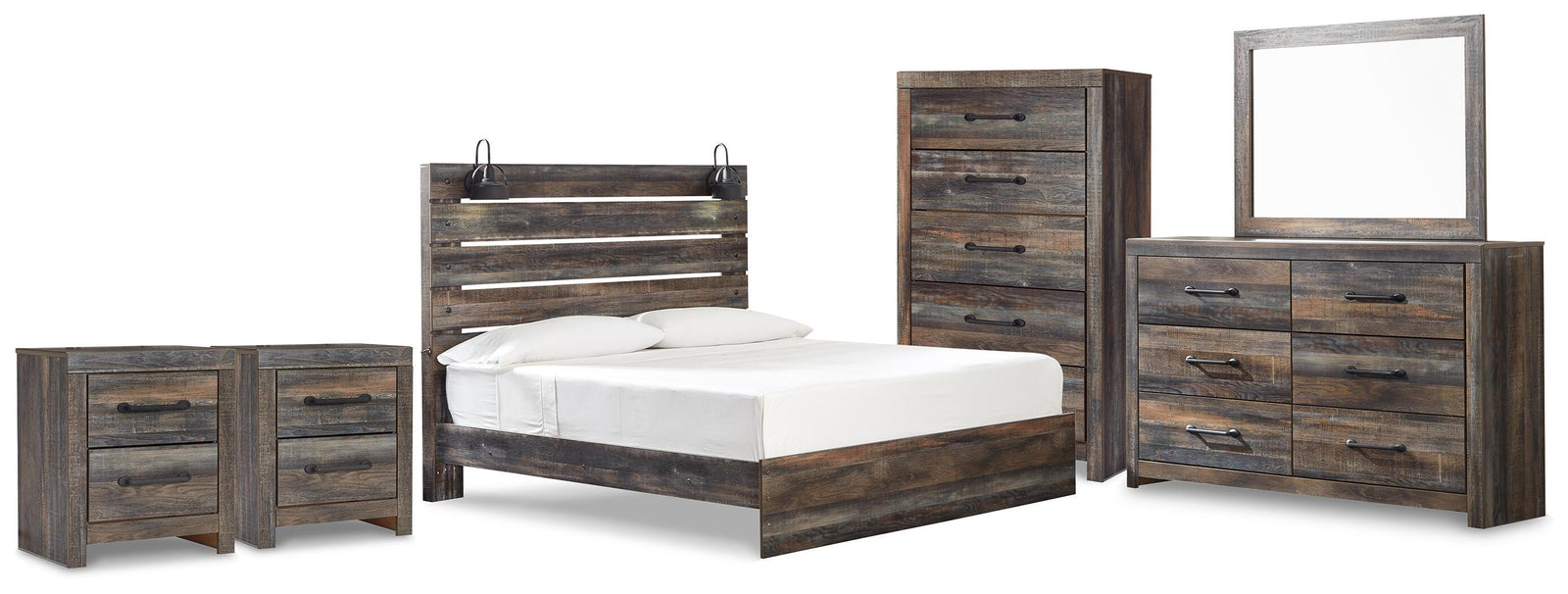 Drystan Panel Bed, Dresser, Mirror and 2 Nightstands - Multi (B211-SI)