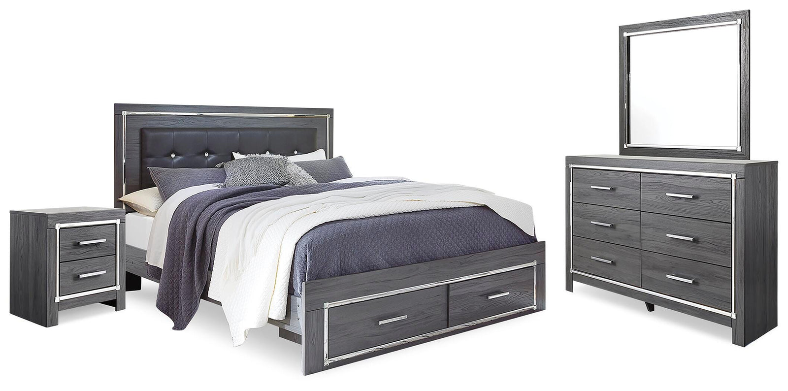 Lodanna Upholstered Panel Bed, Dresser, Mirror and Nightstand - Gray (B214-SI)