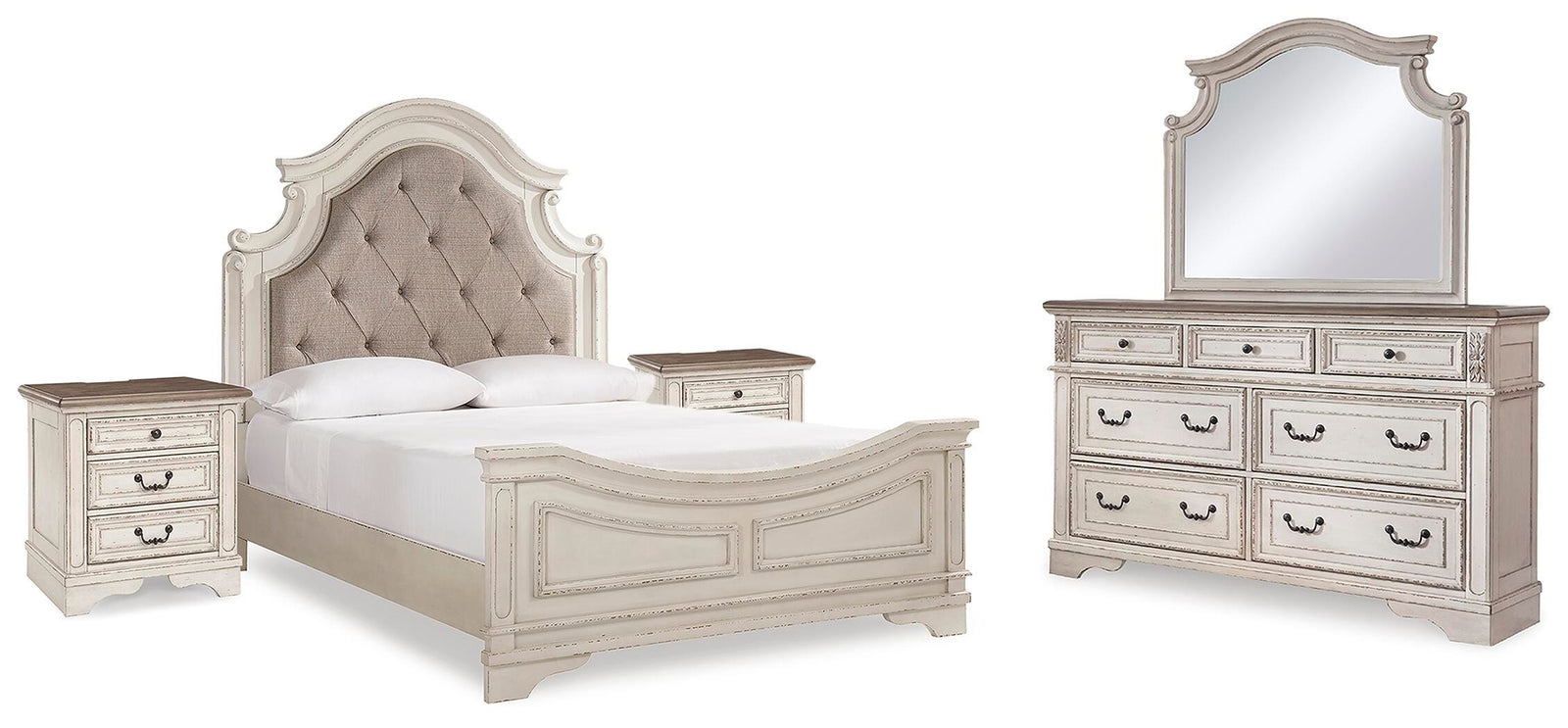Realyn Upholstered Panel Bed, Dresser, Mirror and 2 Nightstands - Two-tone (B743-SI)