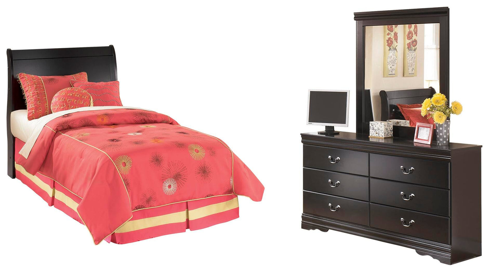Huey Vineyard Sleigh Headboard, Dresser and Mirror - Black (B128-SI)