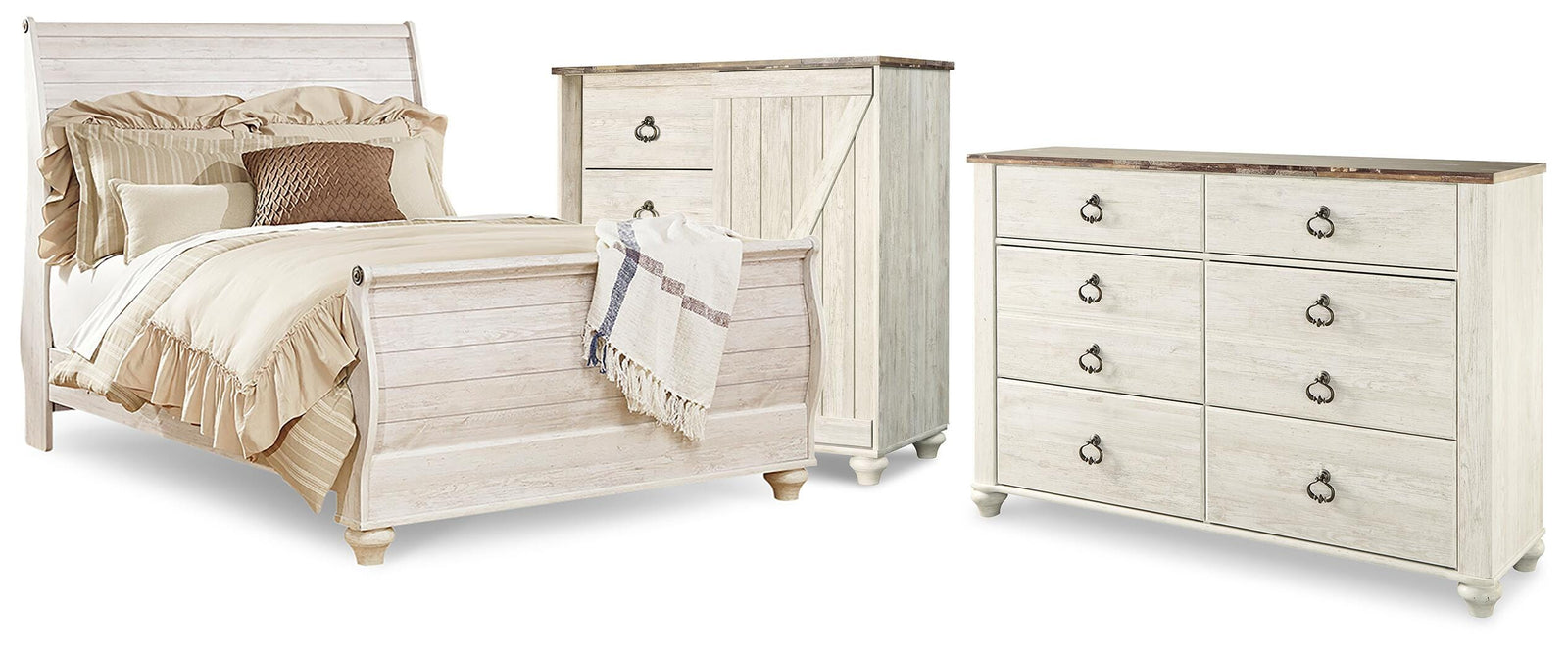 Willowton Sleigh Bed, Dresser and Chest - Whitewash (B267-SI)