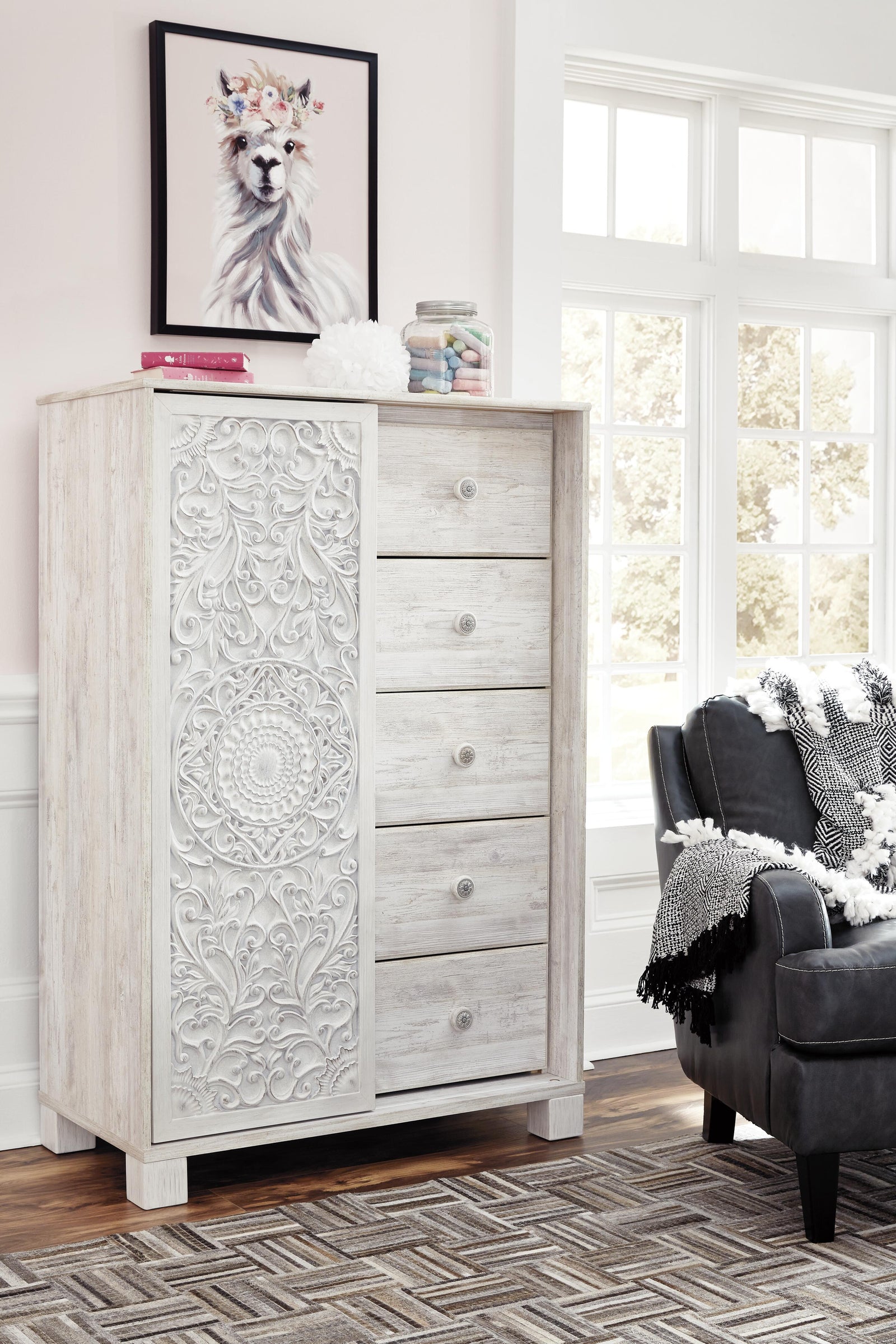 Paxberry Panel Bed, Dresser, Mirror, Chest and Nightstand - Whitewash (B181-SI) - Image 20