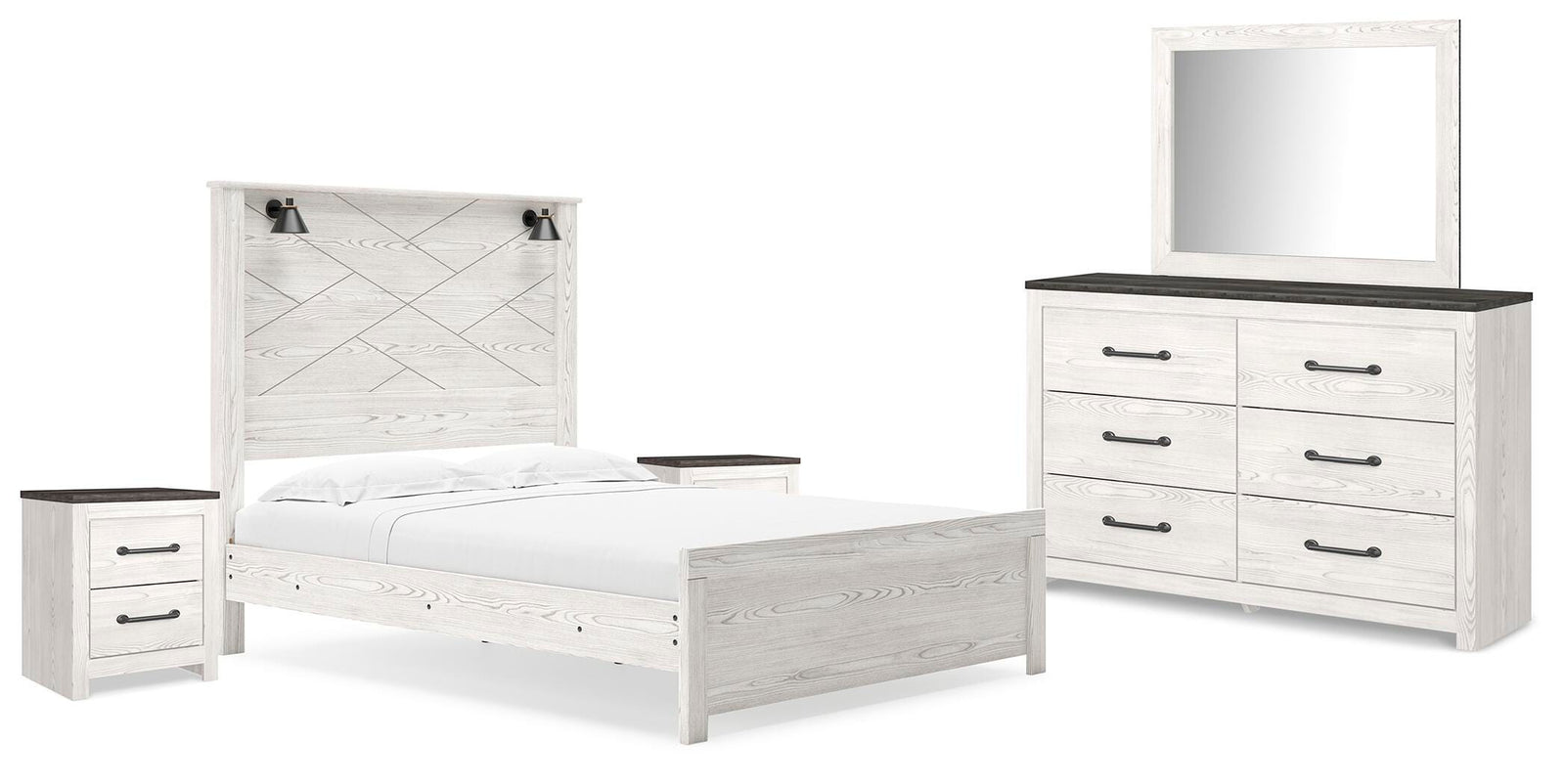 Gerridan Panel Bed, Dresser, Mirror, and 2 Nightstands - White/Gray (B1190-SI)
