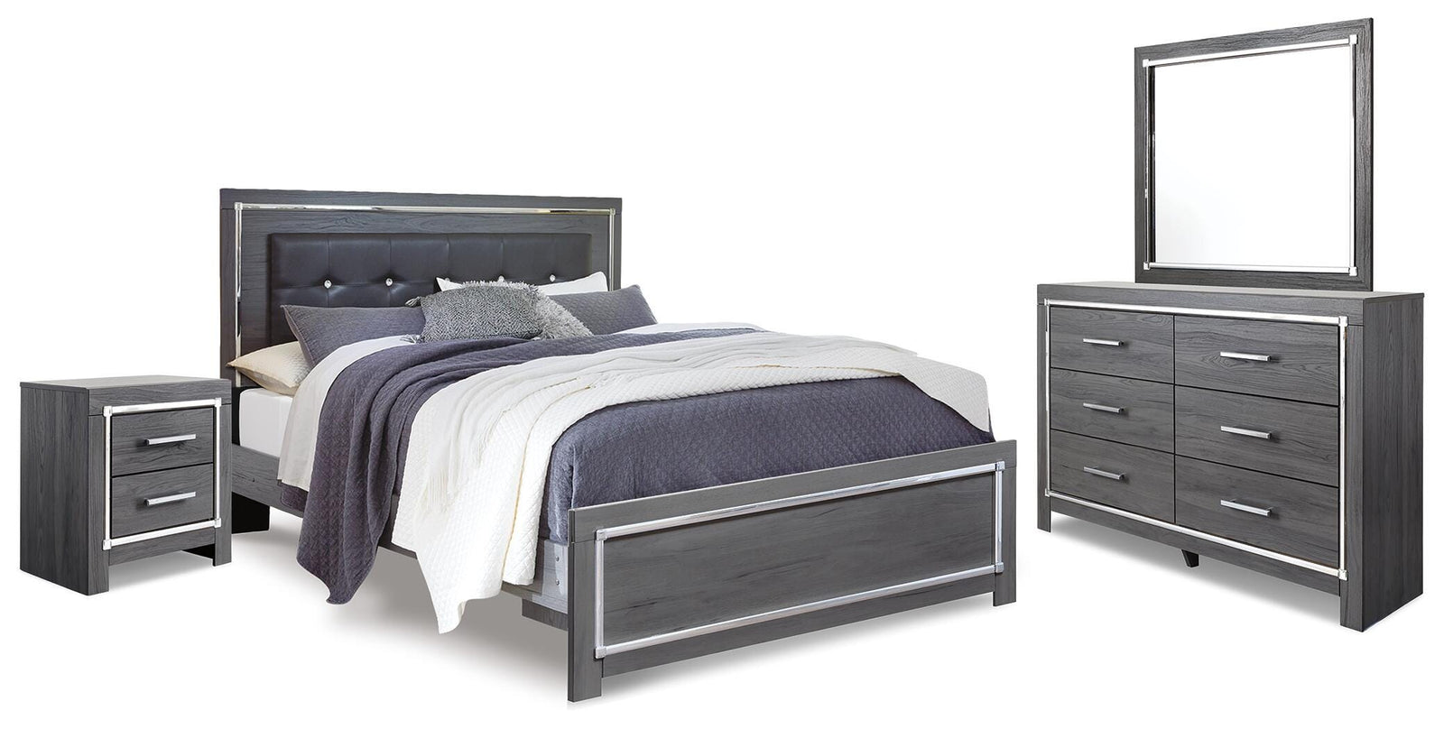 Lodanna Upholstered Panel Bed, Dresser, Mirror and Nightstand - Gray (B214-SI)