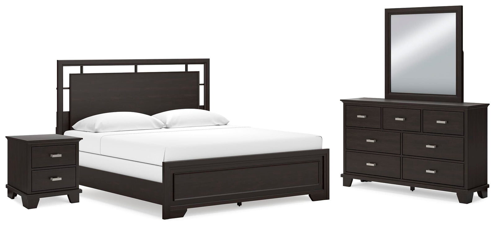 Covetown Panel Bed, Dresser, Mirror and Nightstand - Dark Brown (B441-SI)