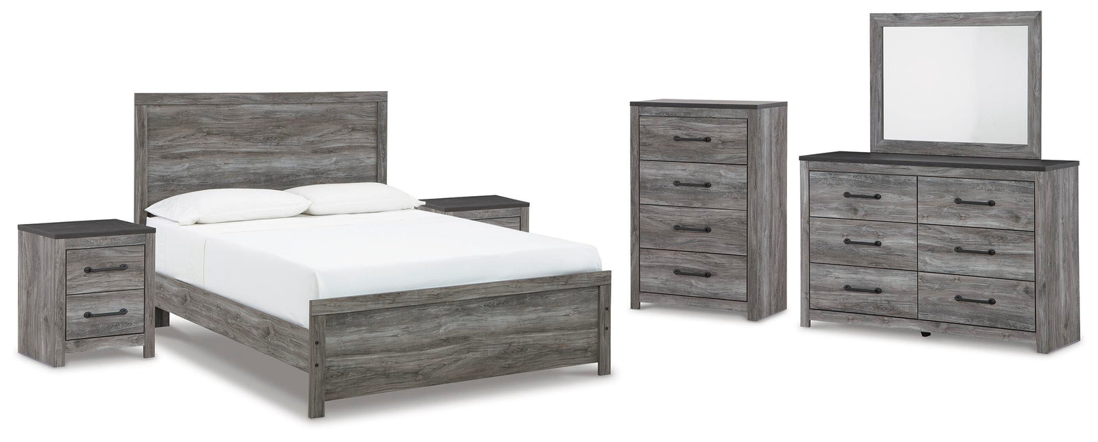 Bronyan Panel Bed, Dresser, Mirror, Chest and 2 Nightstands - Dark Gray (B1290-SI)