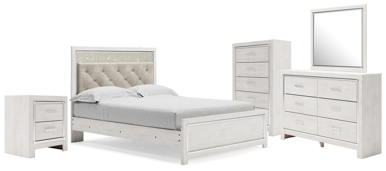 Altyra Upholstered Panel Bed, Dresser, Mirror, Chest and Nightstand - White (B2640-SI)
