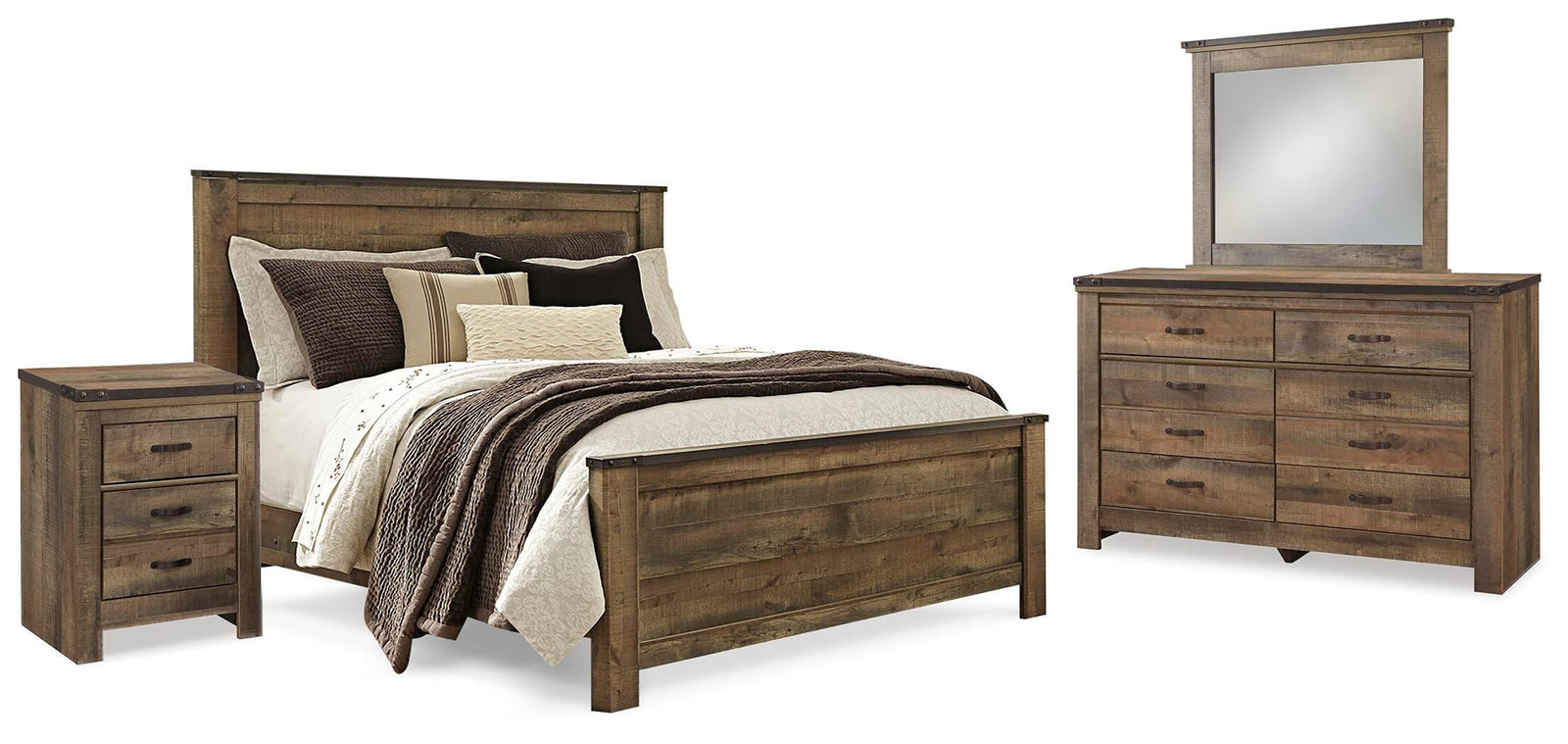 Trinell Panel Bed, Dresser, Mirror and Nightstand - Brown (B446-SI)