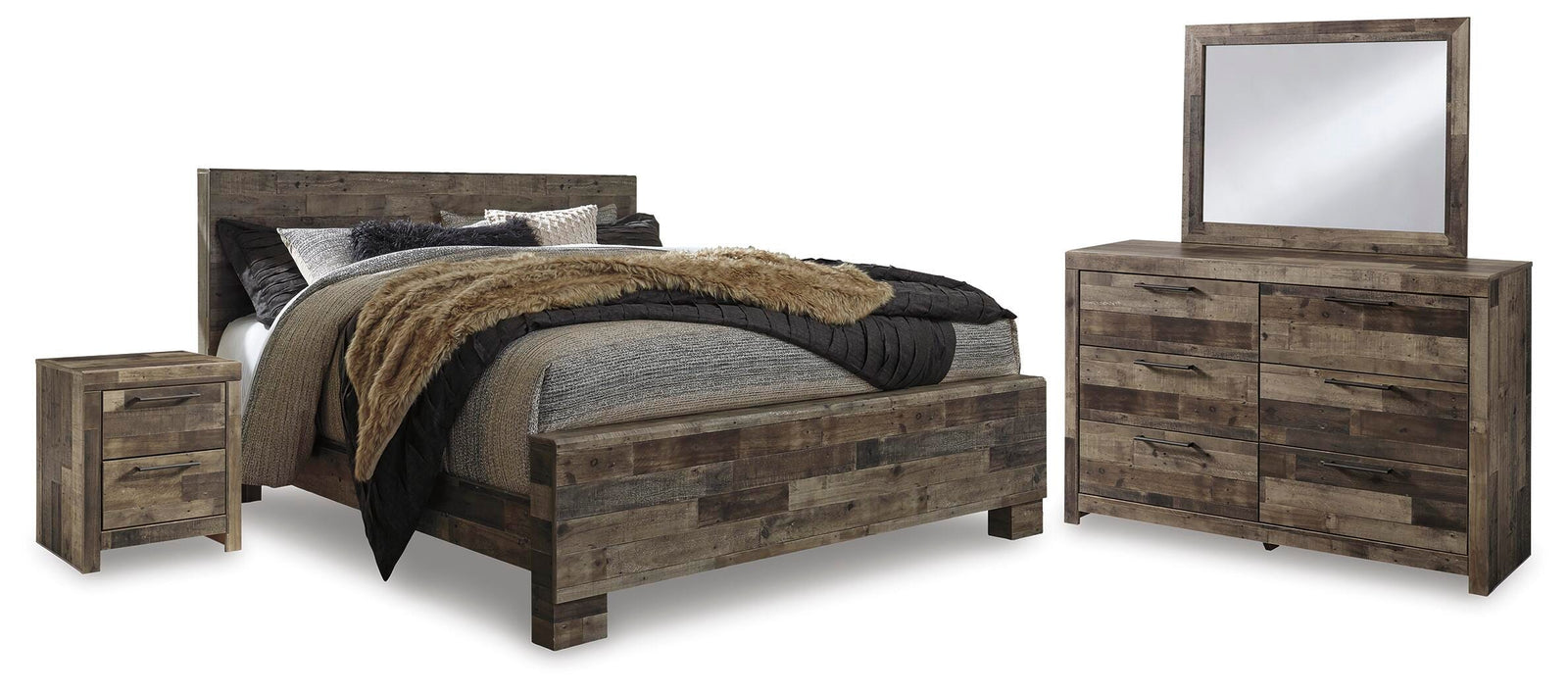 Derekson Panel Bed, Dresser, Mirror and Nightstand - Multi Gray (B200-SI)