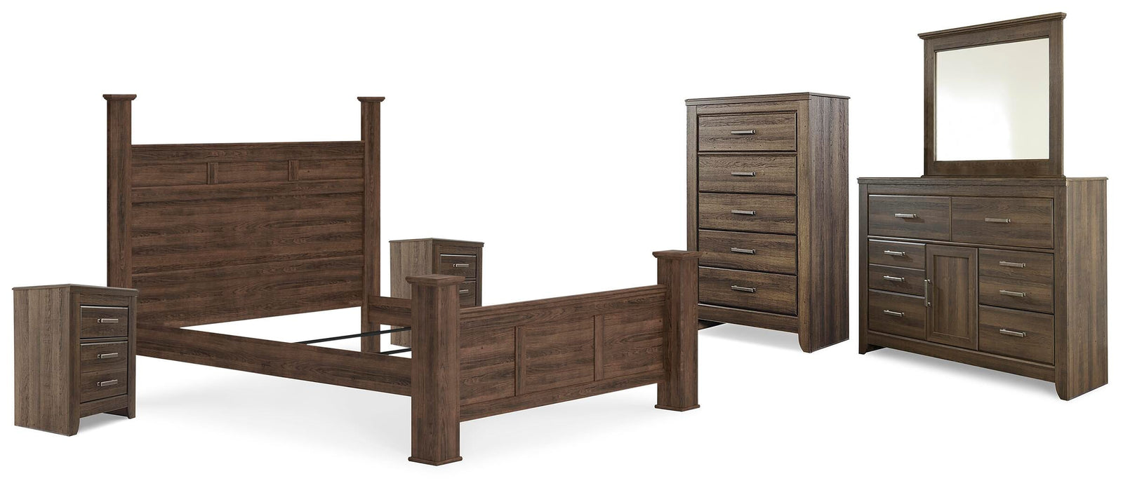Juararo Poster Bed, Dresser, Mirror, Chest and 2 Nightstands - Dark Brown (B251-SI)