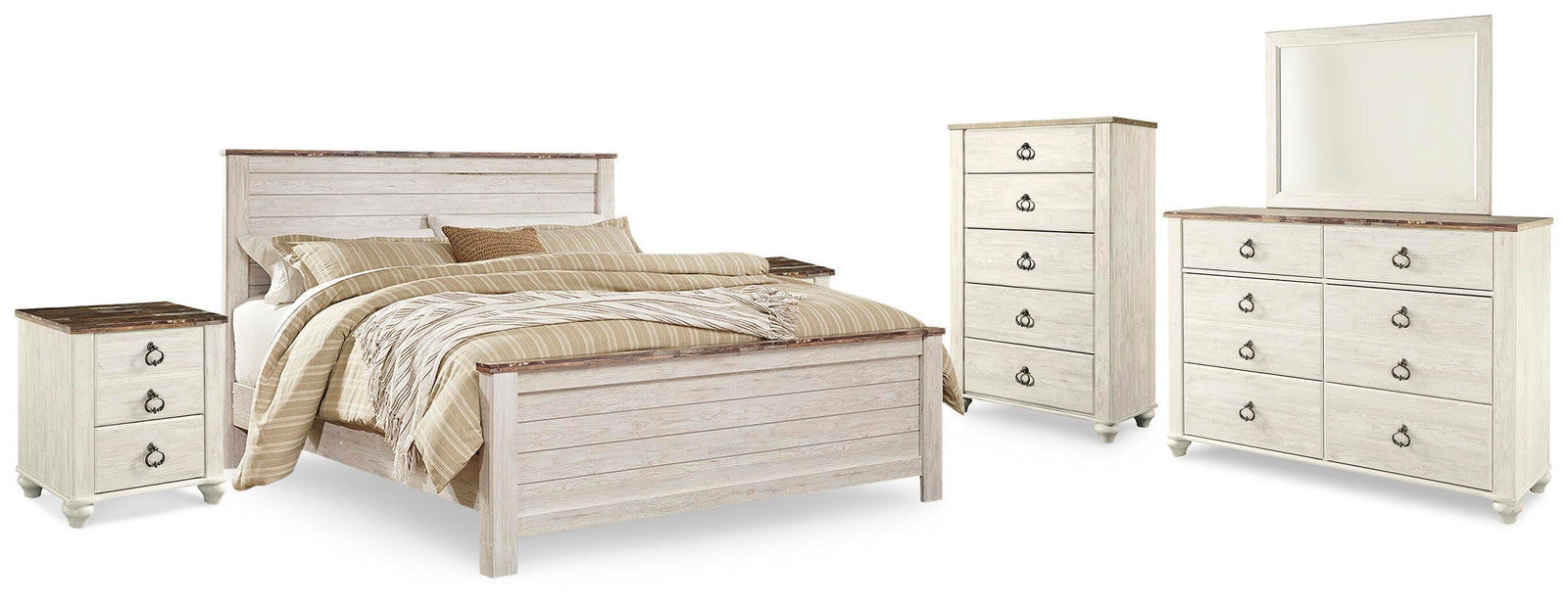 Willowton Panel Bed, Dresser, Mirror, Chest and 2 Nightstands - Whitewash (B267-SI)