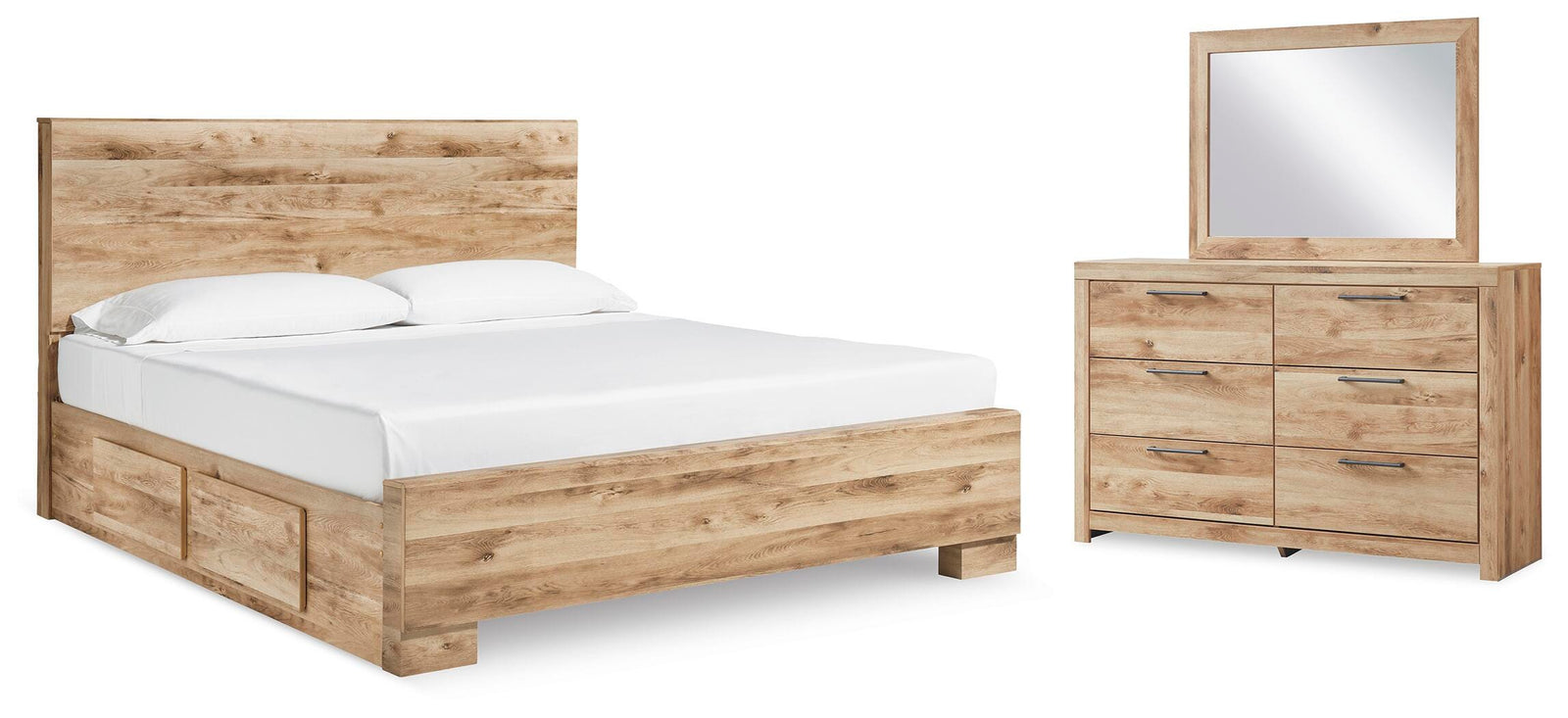 Hyanna Panel Bed with 2 Side Storage, Dresser and Mirror - Tan Brown (B1050-SI)