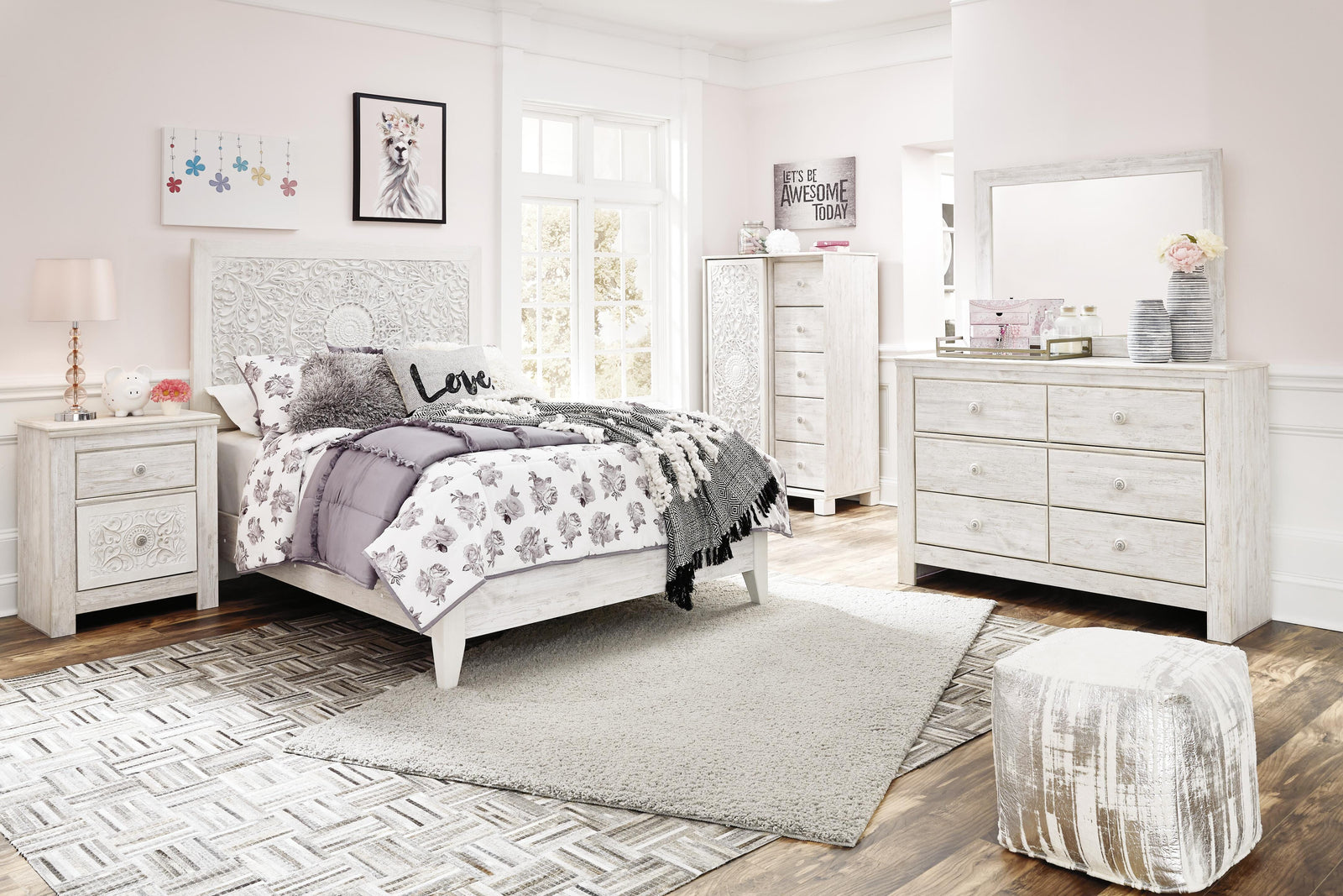 Paxberry Panel Bed, Dresser, Mirror and Chest - Whitewash (B181-SI) - Image 2